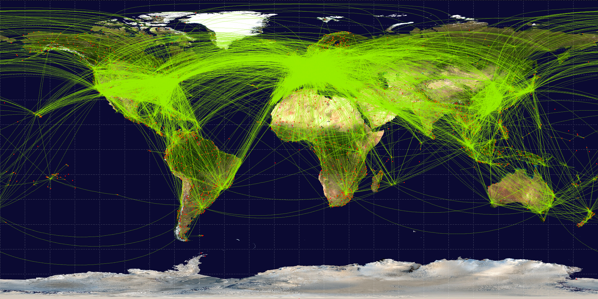 Een visualisatie van 54317 wereldwijde vliegroutes. Afbeelding via [Wikipedia](https://commons.wikimedia.org/wiki/File:World-airline-routemap-2009.png).