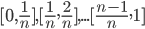 [0, \frac{1}{n}], [\frac{1}{n}, \frac{2}{n}],...[\frac{n-1}{n}, 1]